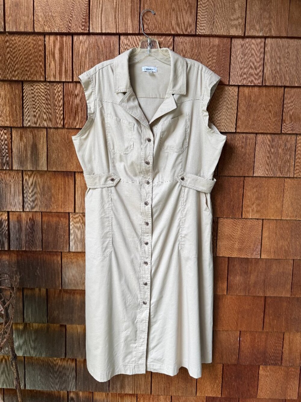 NEW Calvin Klein Sleeveless A-Line Tan Safari Cotton Midi Dress in Women's 16